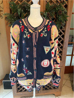 Together Vintage 80’s Cardigan Hand Knit Lined Large Embroidered Cottage Core
